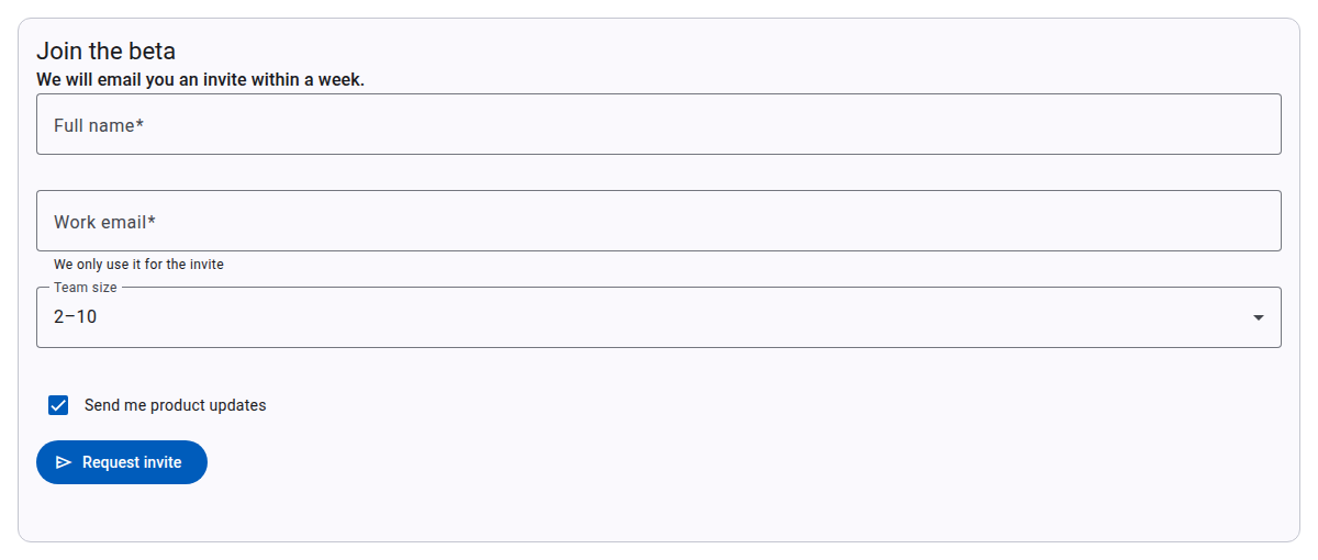A beta sign-up form with name, email, team size and a submit button