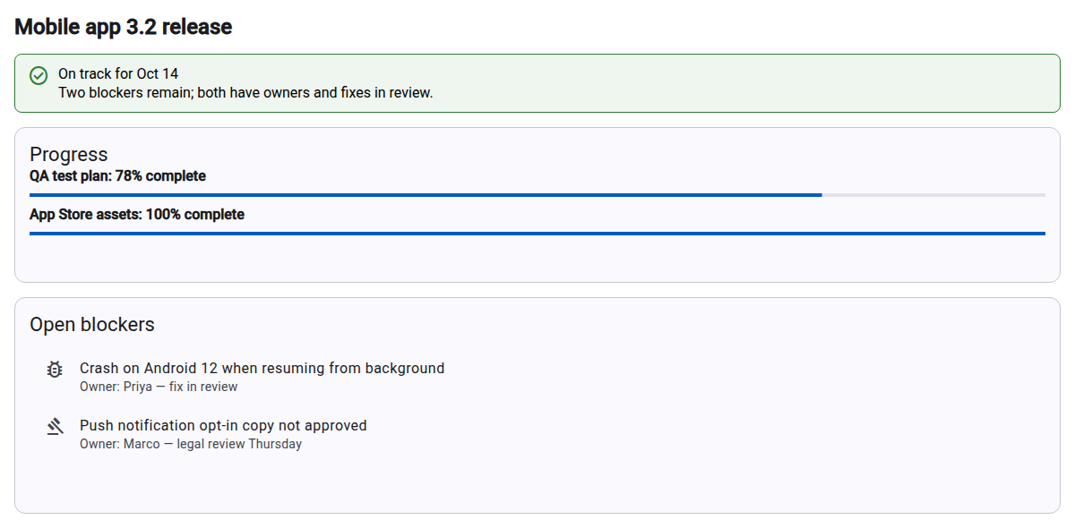 A release status page with a success callout, progress bars and a list of blockers