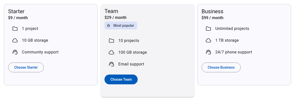 Three hosting plans compared side by side in cards